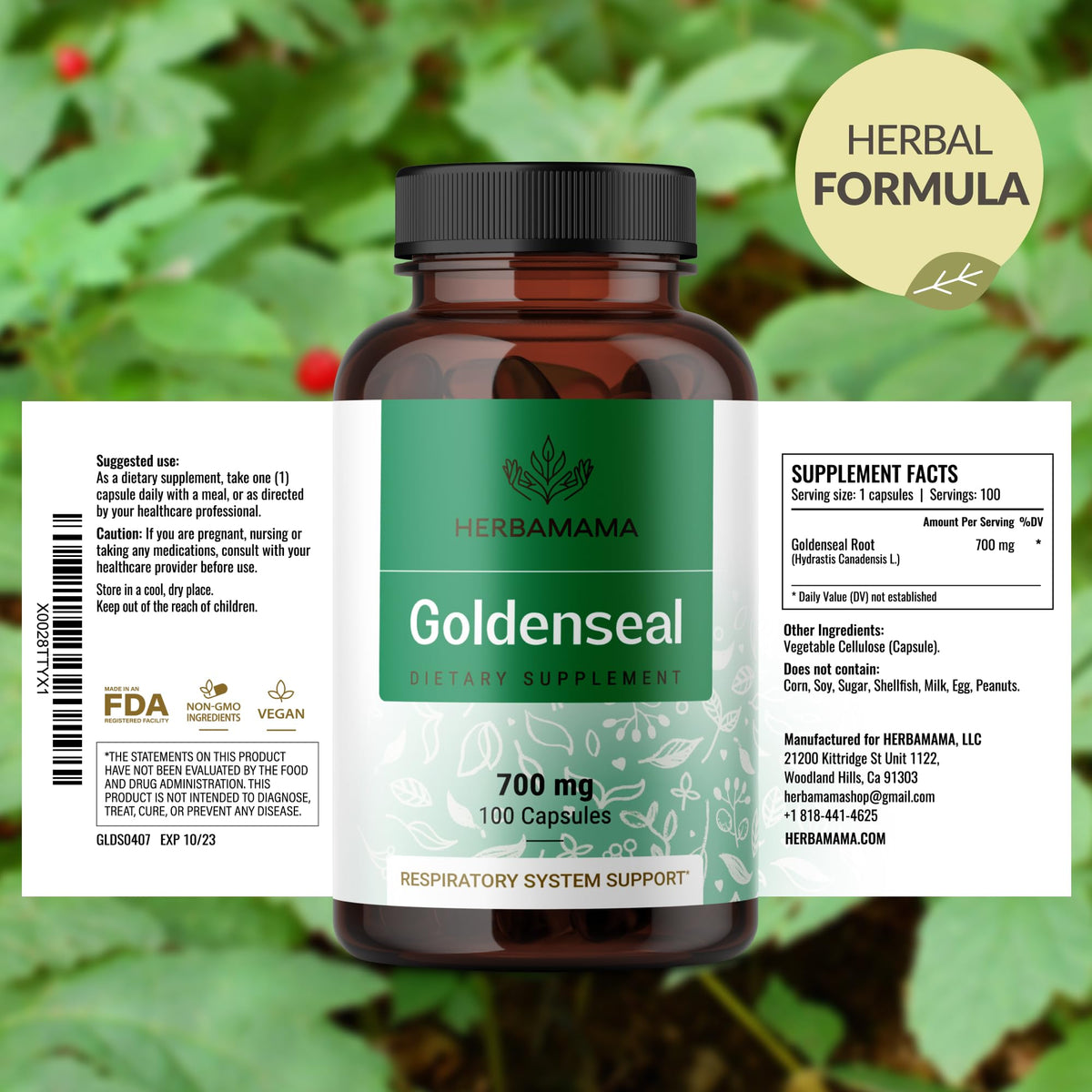Gélules de racine de Goldenseal HERBAMAMA sur un fond blanc