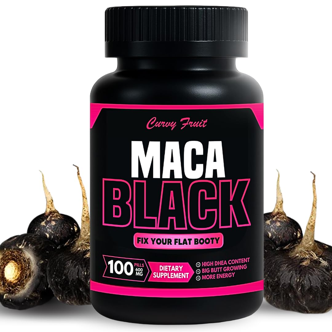Gélules de racine de maca noire Curvy Fruit 600 mg, vue avant du flacon