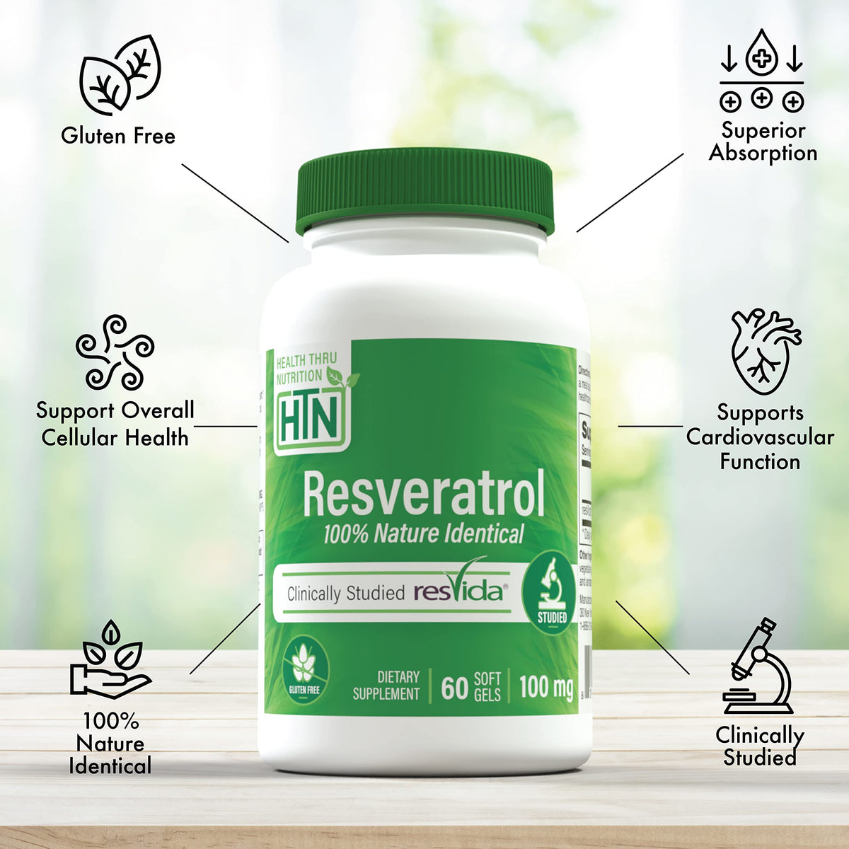 Gélules de Resveratrol 100 mg Health Thru Nutrition sur une surface blanche