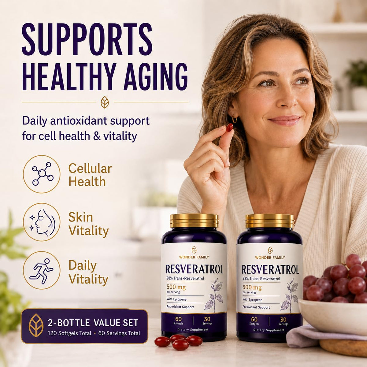 Gélules de resvératrol WONDER FAMILY 500mg avec étiquette sur la bouteille