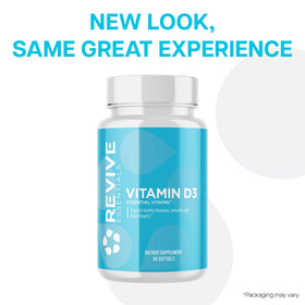 Gélules de Revive Vitamine D3 sur une table en bois