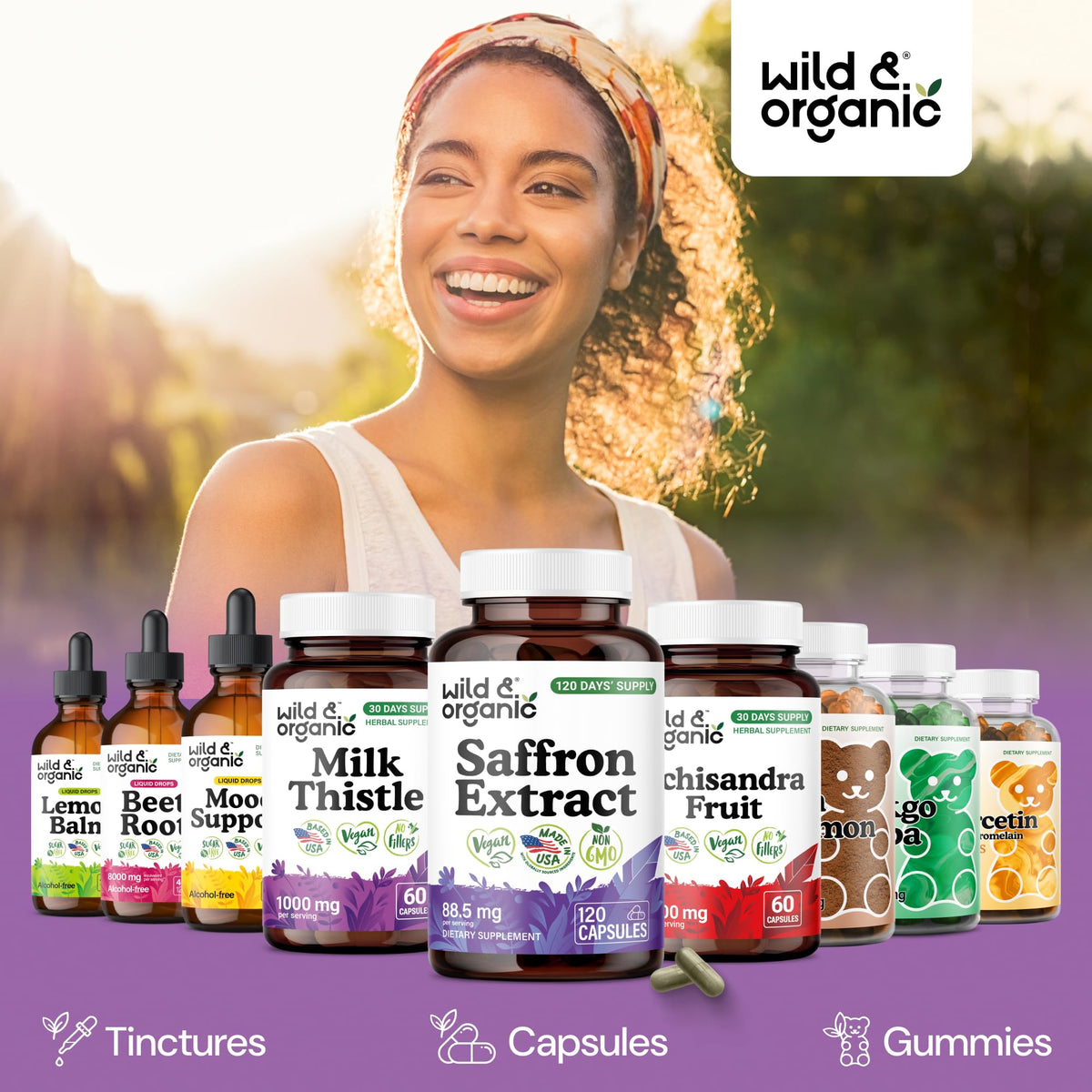 Gélules de safran Wild & Organic sur un fond naturel