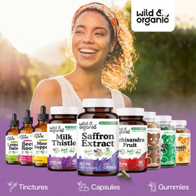 Gélules de safran Wild & Organic sur un fond naturel
