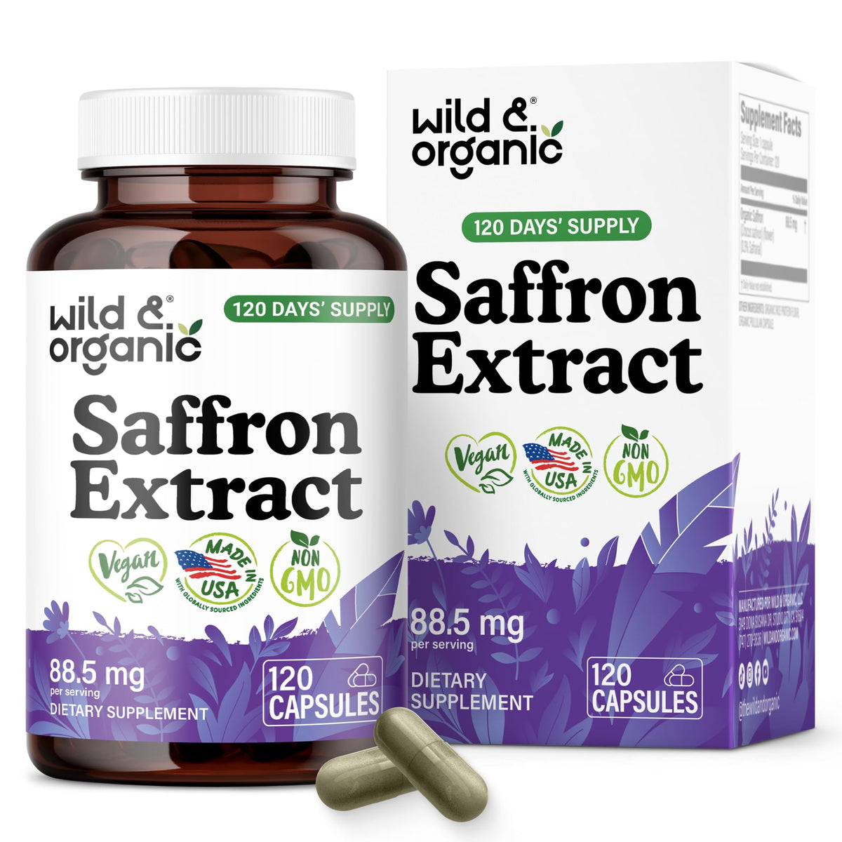 Gélules de safran Wild & Organic vue de face avec étiquette