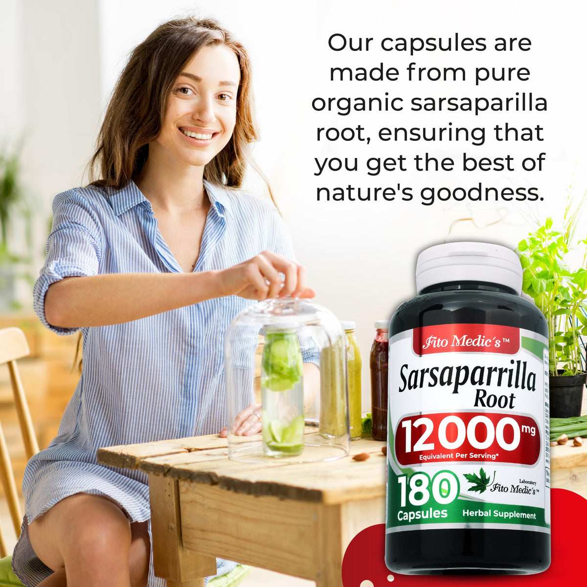 Gélules de Sarsaparilla FITO MEDIC'S prises avec un verre d'eau