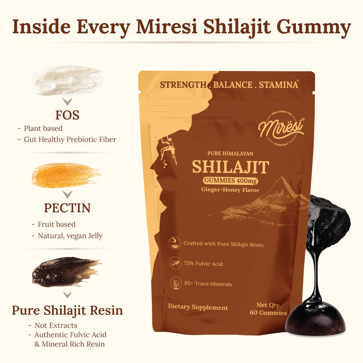 Gélules de Shilajit Miresi au goût de tamarind, illustration des ingrédients