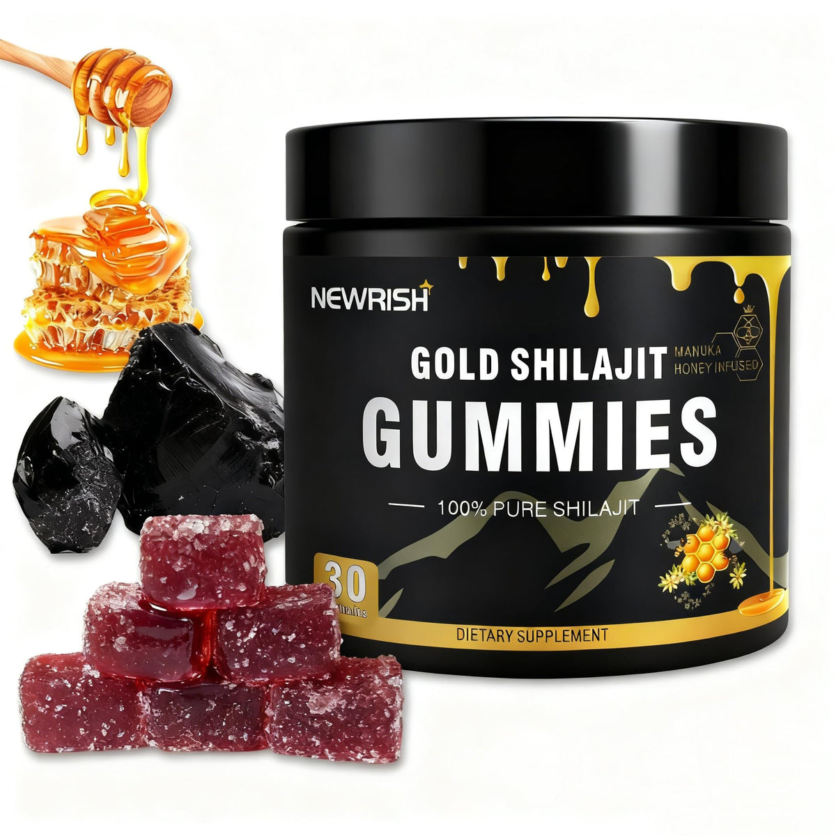 Gélules de Shilajit Newrish avec miel Manuka, emballage avant