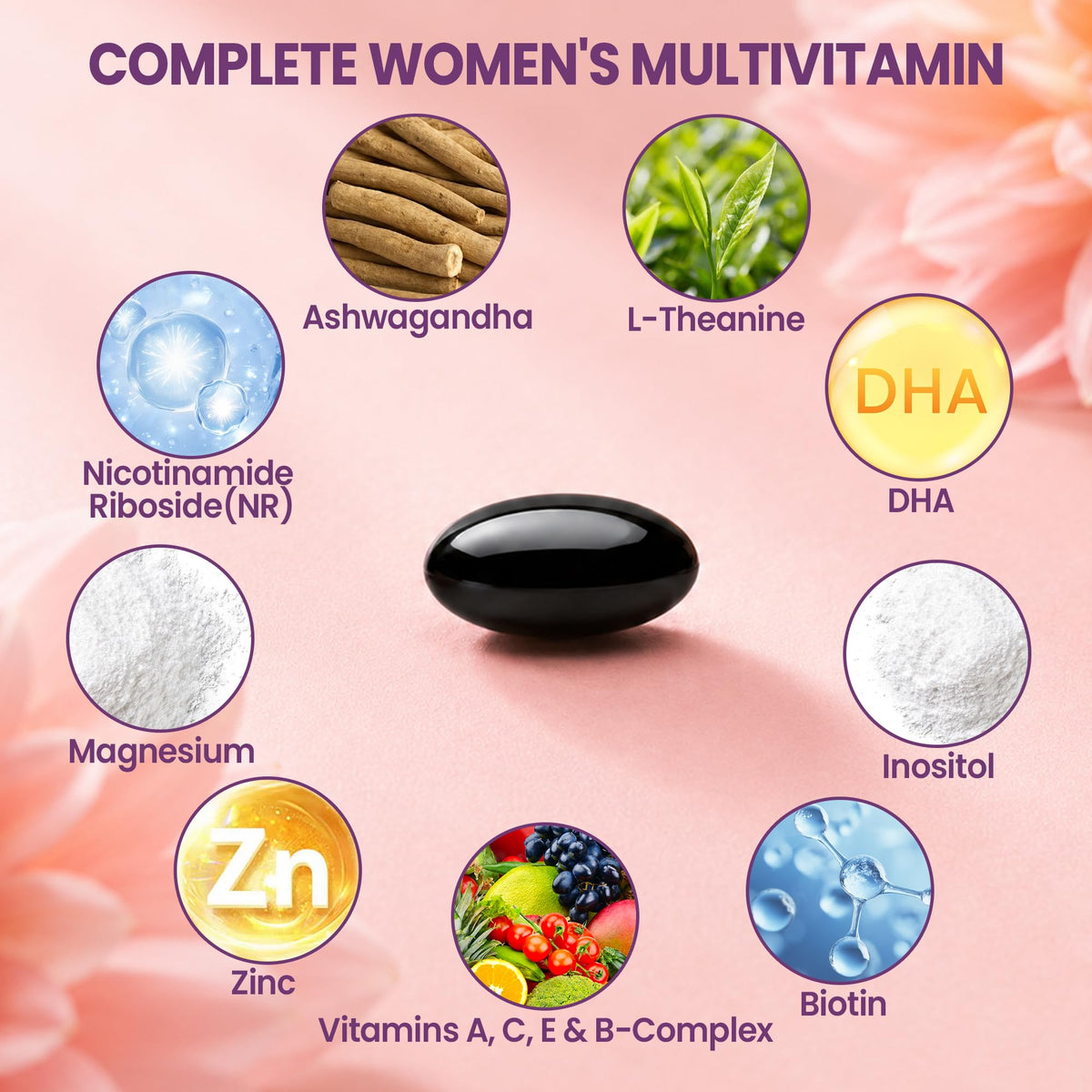 Gélules de Shumol Multivitamines Femmes sur une surface blanche