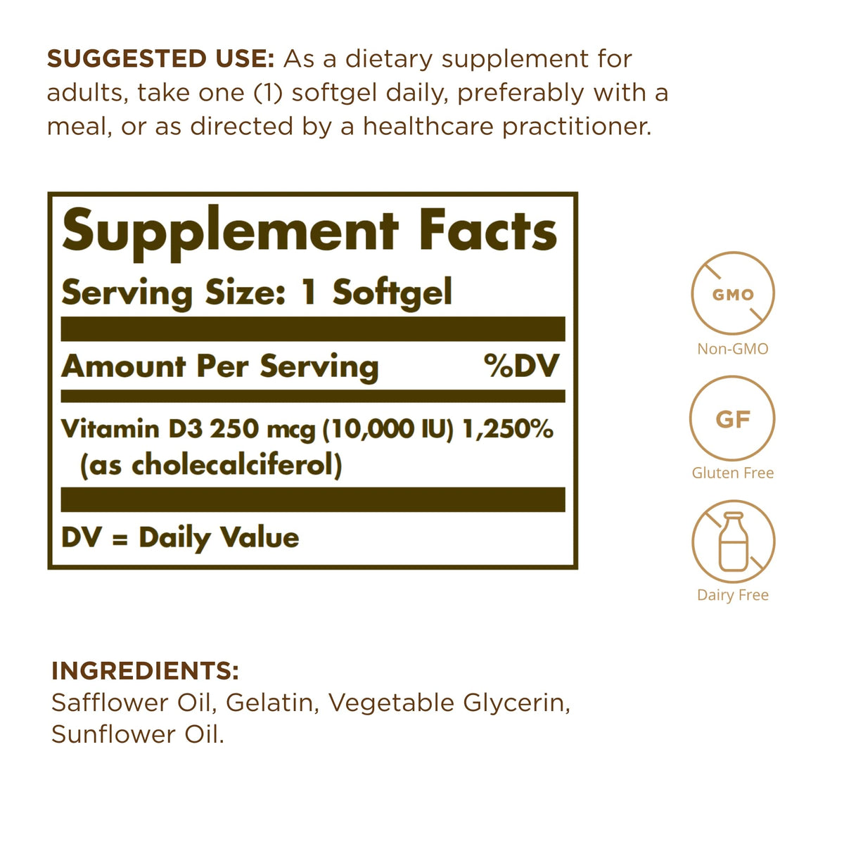 Gélules de Solgar Vitamine D3 10 000 UI sur une surface blanche