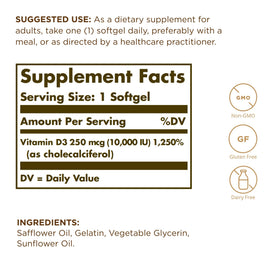 Gélules de Solgar Vitamine D3 10 000 UI sur une surface blanche