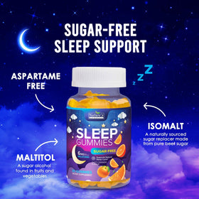 Gélules de sommeil Nature's Gummies sur une table avec un verre d'eau