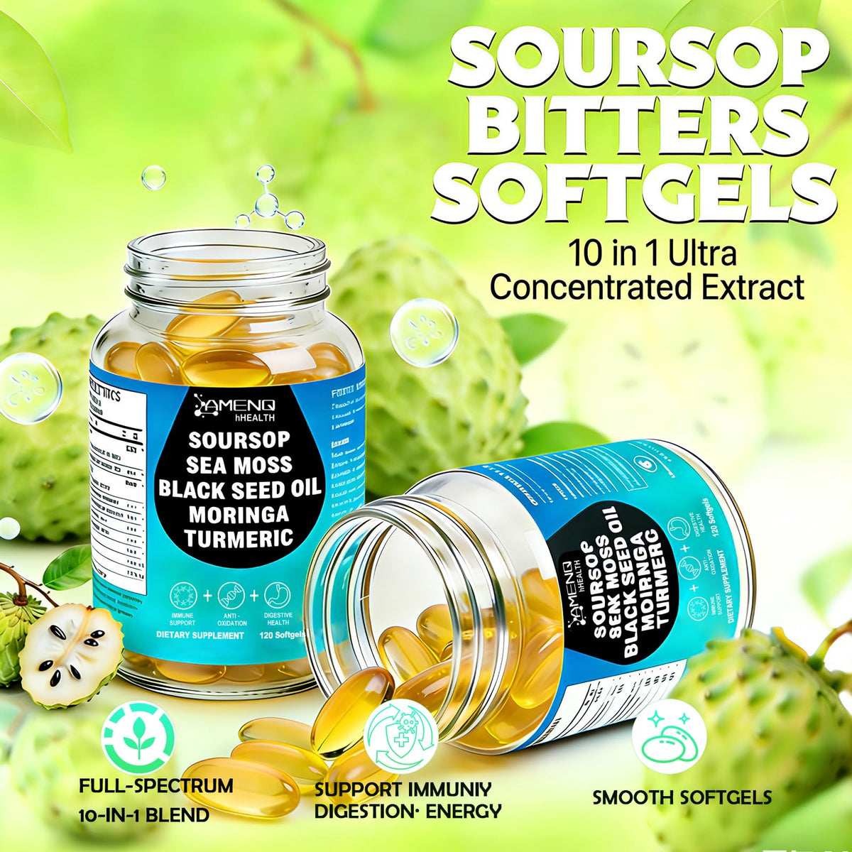 Gélules de Soursop 10 en 1 AMENQ hHEALTH sur fond blanc