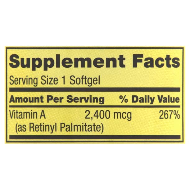 Gélules de Spring Valley Vitamine A 2400 mcg, vue rapprochée