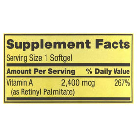 Gélules de Spring Valley Vitamine A 2400 mcg, vue rapprochée