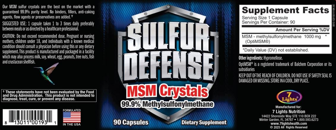 Gélules de Sulfur Defense Opti-MSM sur un fond blanc
