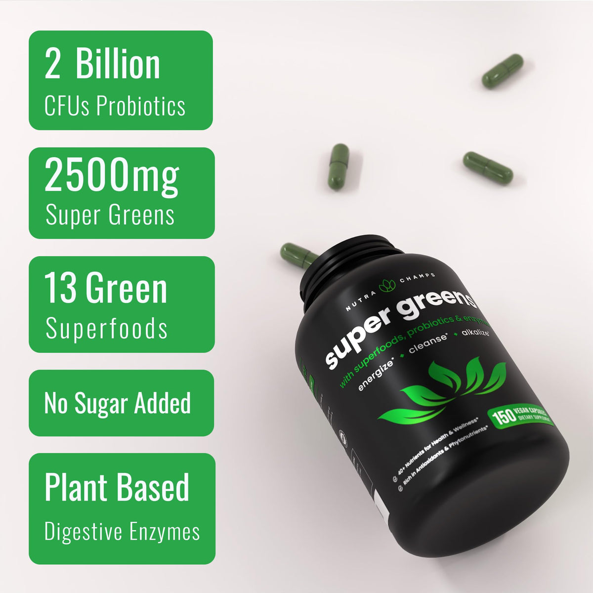 Gélules de Super Aliments Verts Bio NutraChamps avec étiquette visible