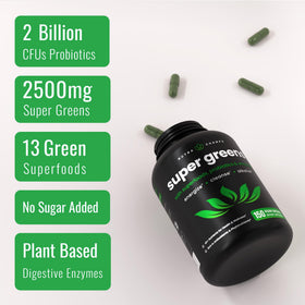 Gélules de Super Aliments Verts Bio NutraChamps avec étiquette visible