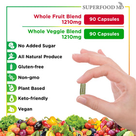 Gélules de Superfood MD Complément Alimentaire Fruits & Légumes sur une table