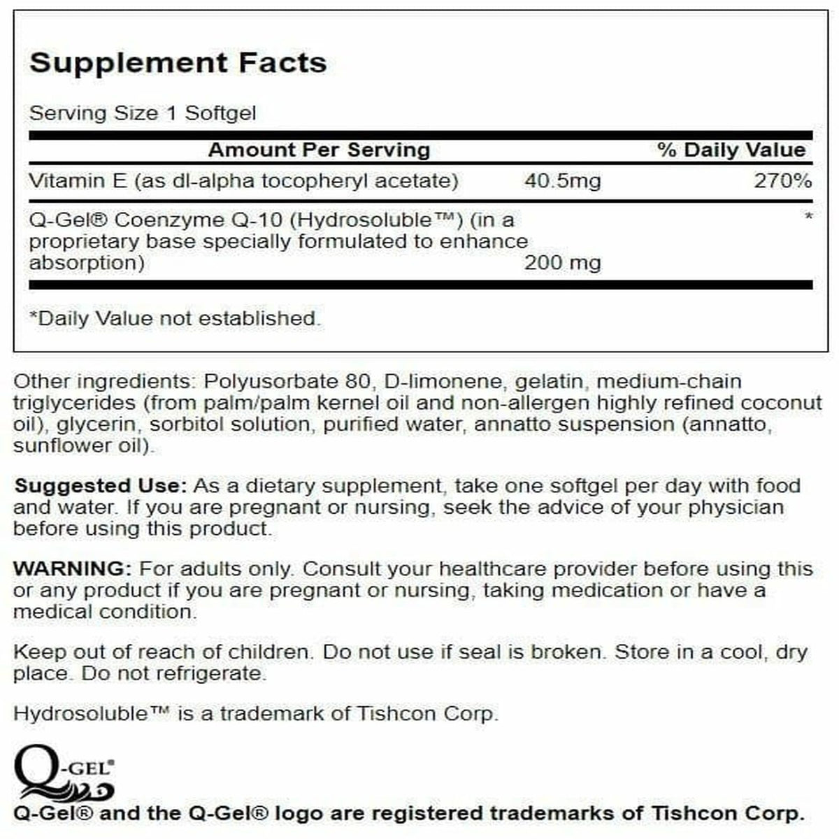 Gélules de Swanson CoQ10 Hydrosoluble 200 mg vue de près