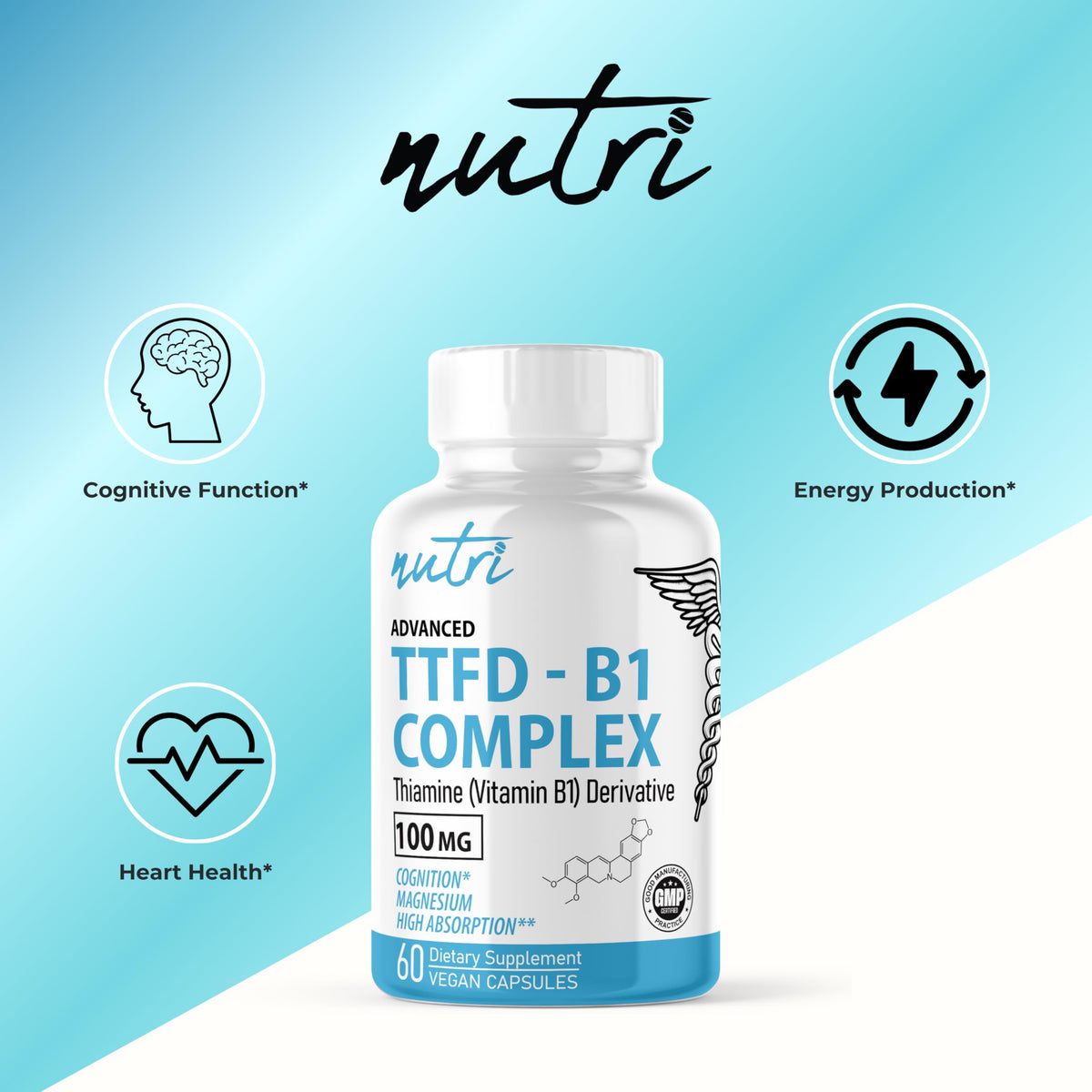Gélules de Thiamine B1 Nature's Fusions sur une table
