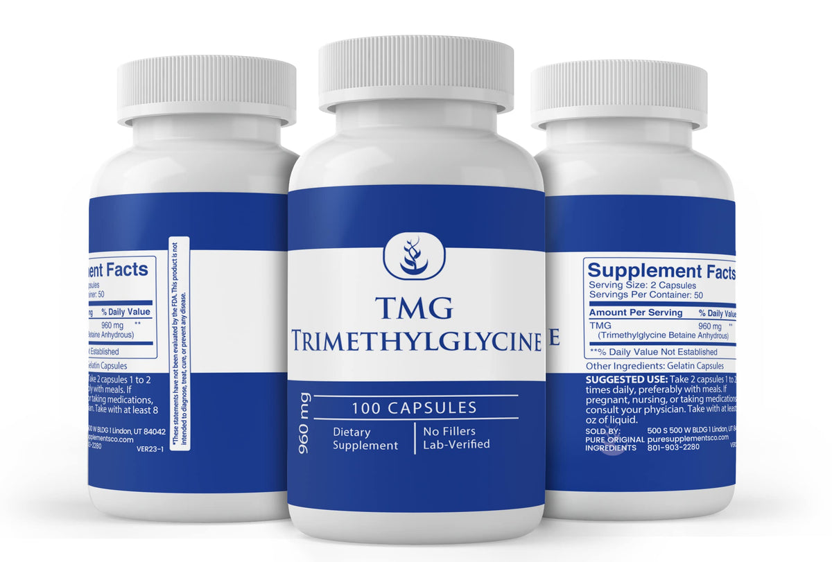 Gélules de TMG Triméthylglycine avec étiquette visible, sur fond neutre