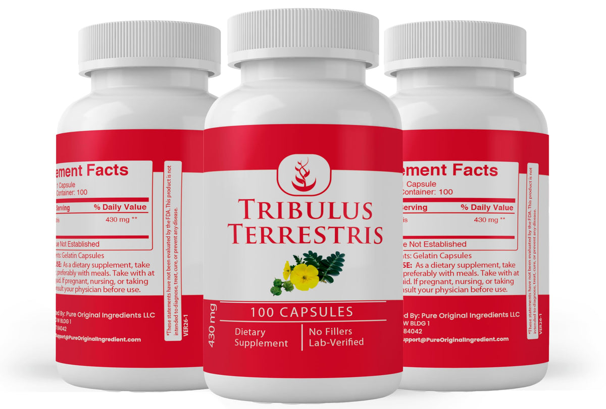 Gélules de Tribulus Terrestris PURE ORIGINAL INGREDIENTS à côté d'un verre d'eau