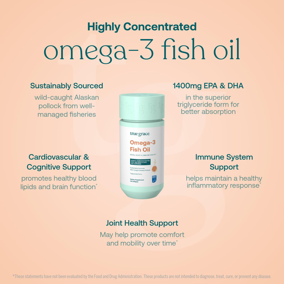 Gélules de True Grace Huile de Poisson Omega-3 sur une surface blanche