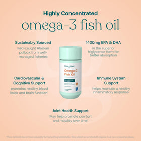 Gélules de True Grace Huile de Poisson Omega-3 sur une surface blanche