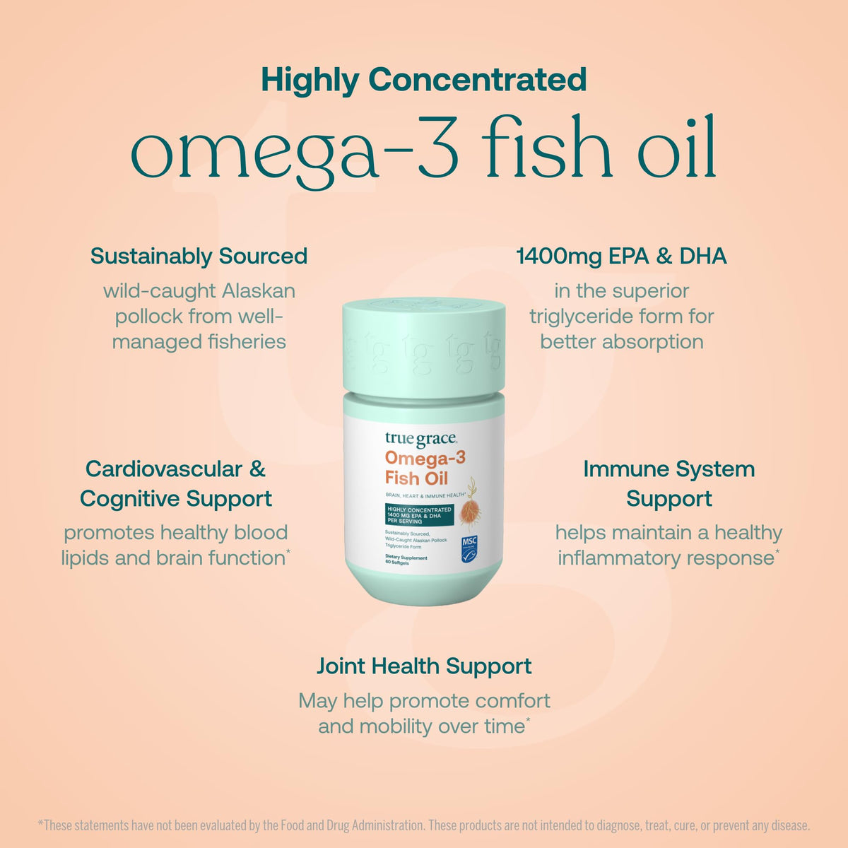 Gélules de True Grace Omega-3 sur une surface blanche