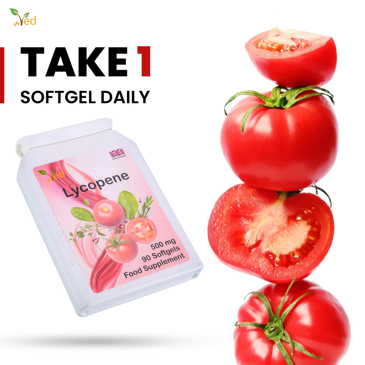 Gélules de Ved Lycopène 500 mg dans la main pour montrer la taille