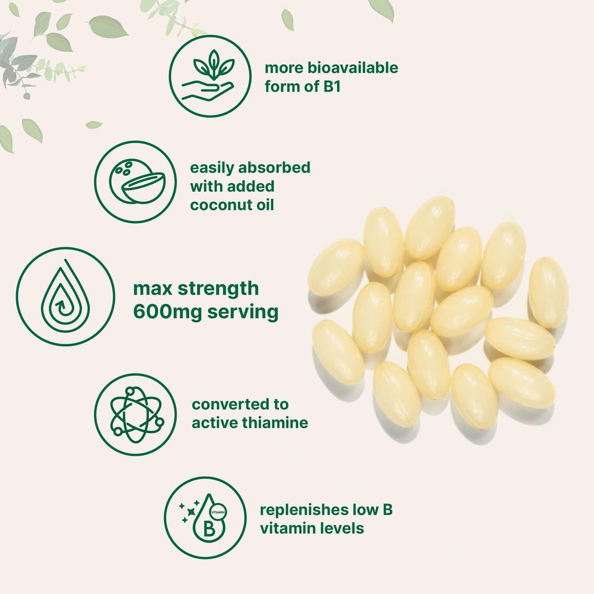 Gélules de vitamine B1 Benfotiamine 600mg sur une table