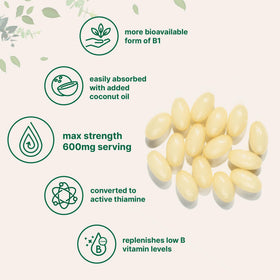 Gélules de vitamine B1 Benfotiamine 600mg sur une table