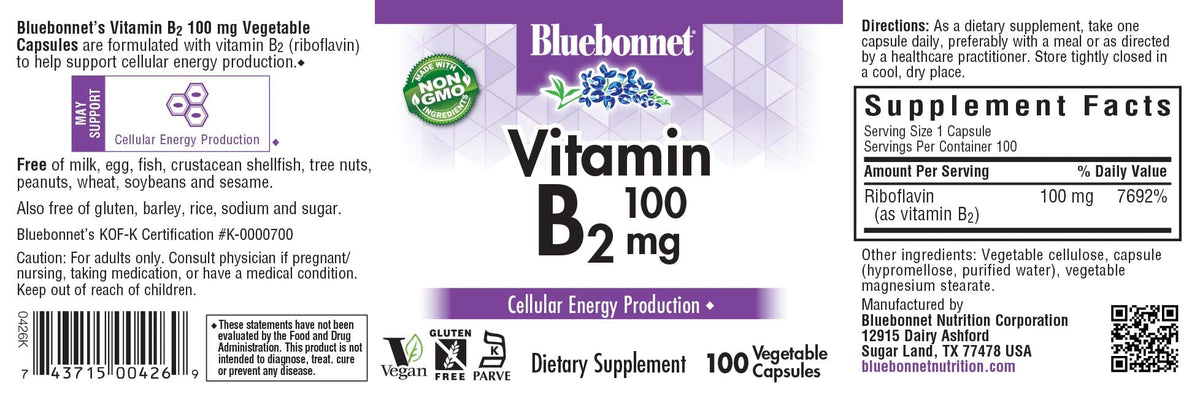 Gélules de Vitamine B2 100 mg BlueBonnet sur une table