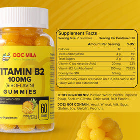 Gélules de vitamine B2 Doc Mila 100mg sur fond blanc