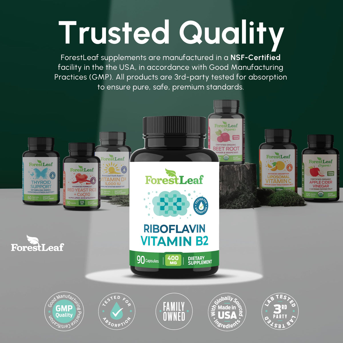 Gélules de vitamine B2 Riboflavine 400mg ForestLeaf en gros plan