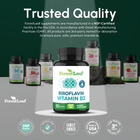 Gélules de vitamine B2 Riboflavine 400mg ForestLeaf en gros plan