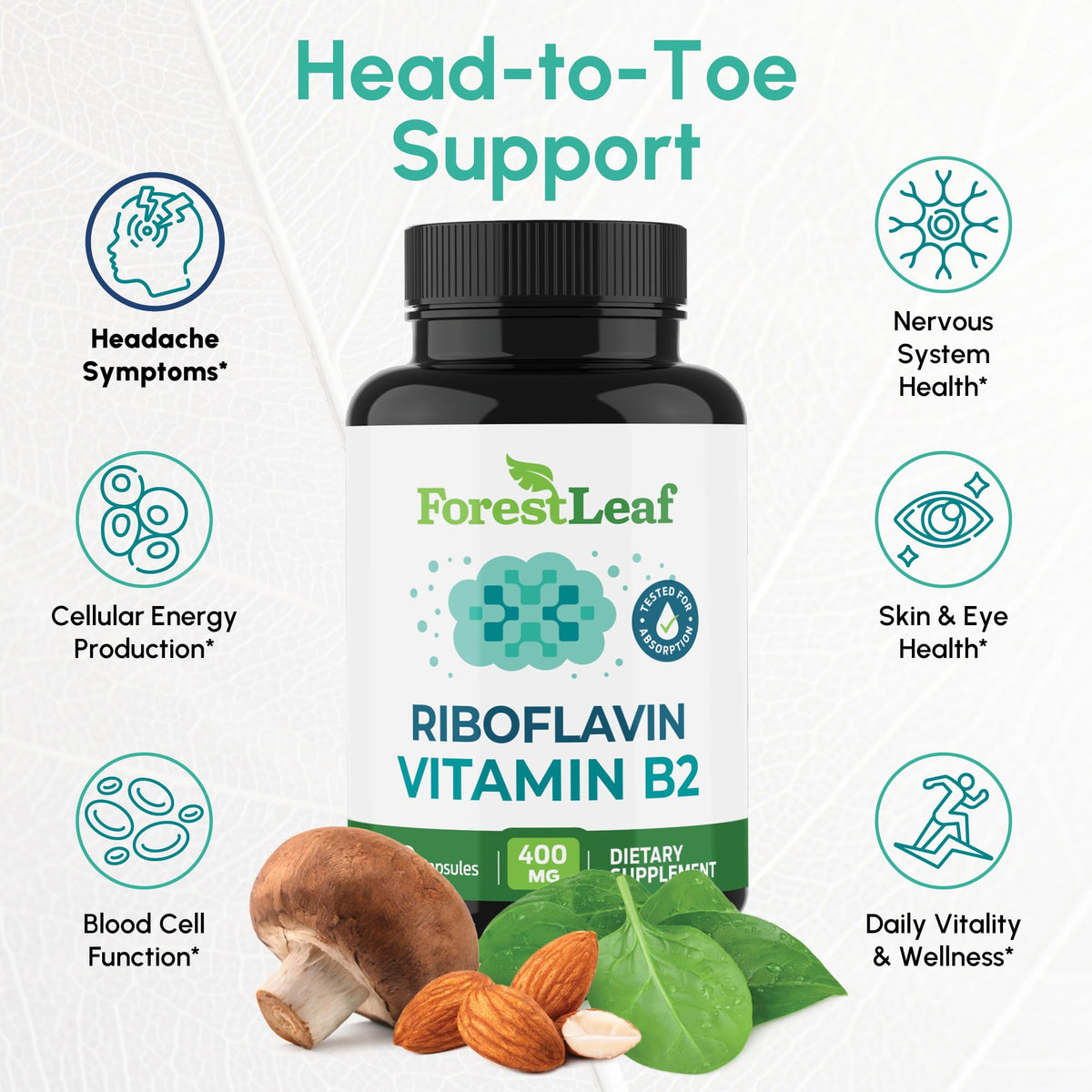 Gélules de vitamine B2 Riboflavine 400mg ForestLeaf sur une table