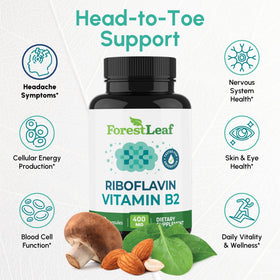 Gélules de vitamine B2 Riboflavine 400mg ForestLeaf sur une table