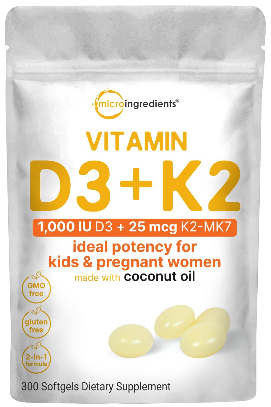 Gélules de Vitamine D3 1 000 UI et K2 MK-7 Micro Ingredients vue de face