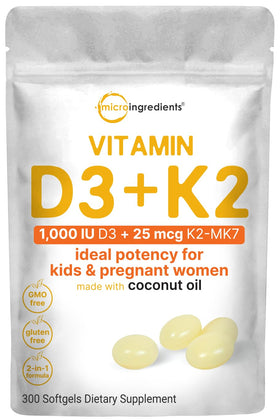 Gélules de Vitamine D3 1 000 UI et K2 MK-7 Micro Ingredients vue de face