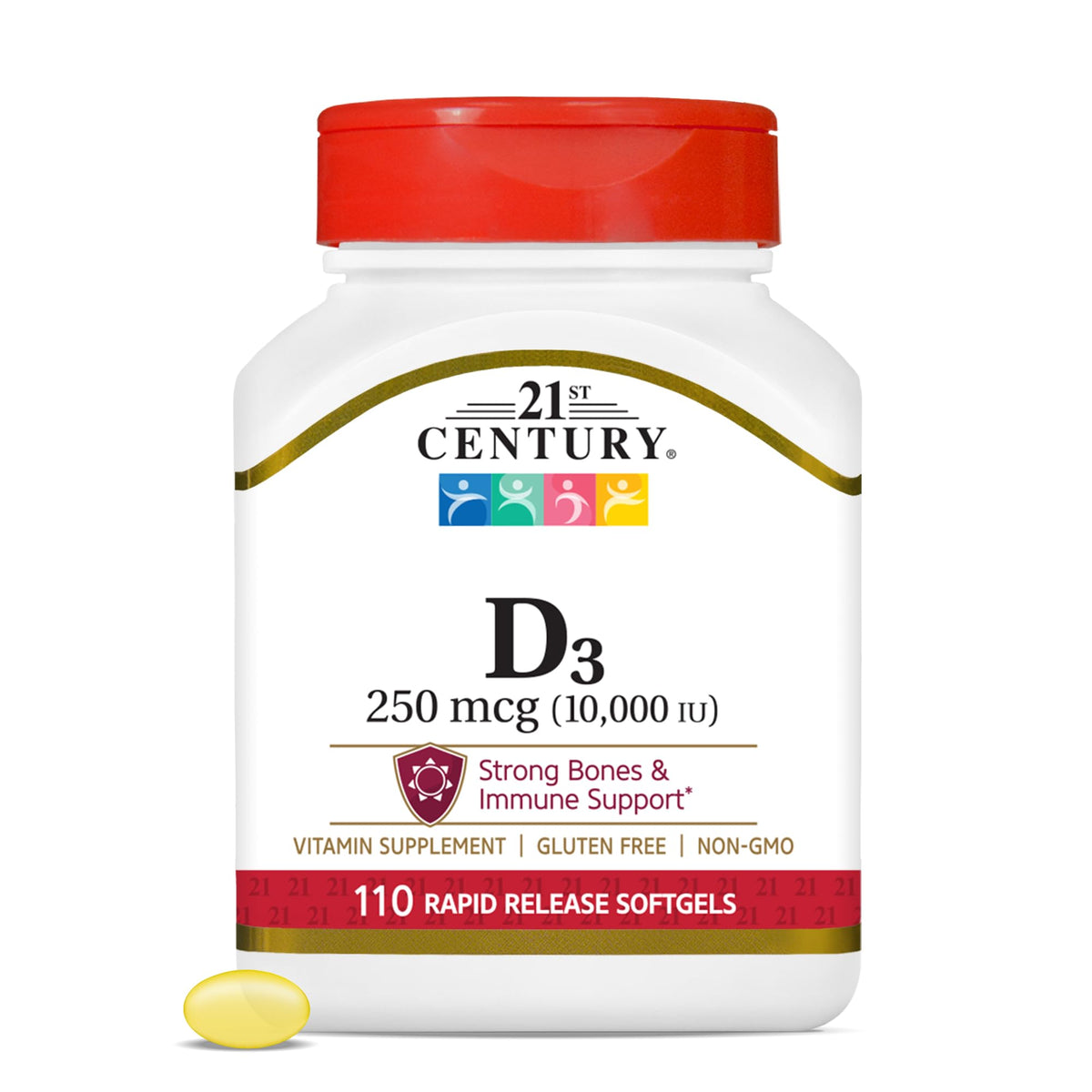 Gélules de Vitamine D3 10 000 UI de 21st Century, vue de face