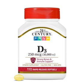 Gélules de Vitamine D3 10 000 UI de 21st Century, vue de face
