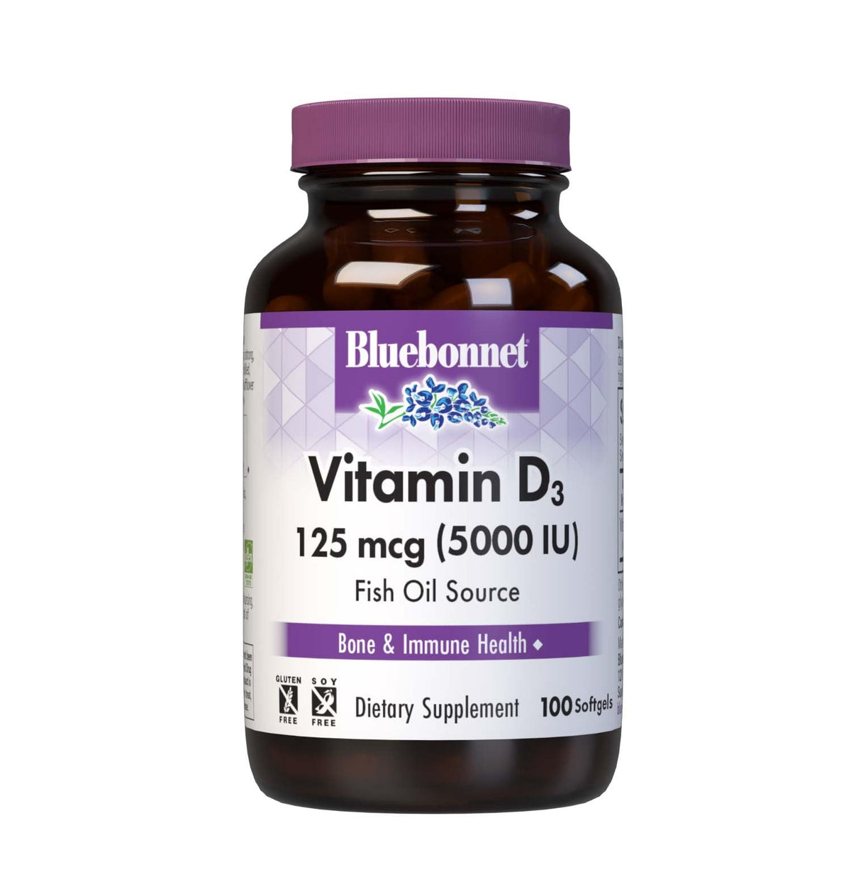 Gélules de Vitamine D3 5000 IU BlueBonnet, vue de face