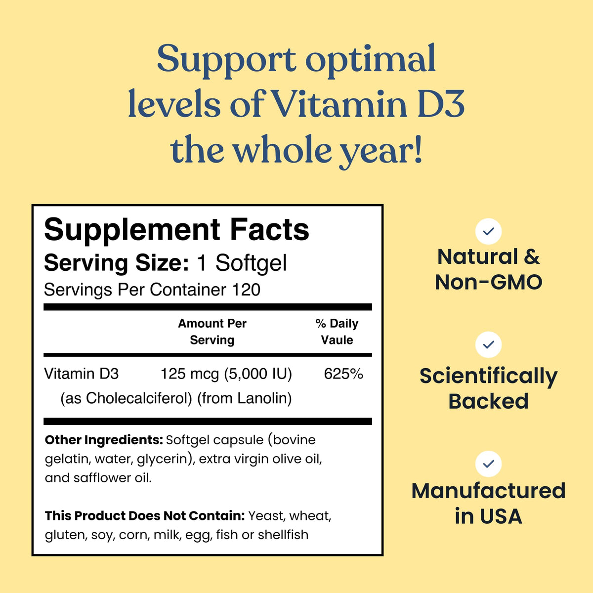 Gélules de vitamine D3 5000 IU de Better Way Health, montrant la taille des gélules