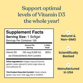 Gélules de vitamine D3 5000 IU de Better Way Health, montrant la taille des gélules