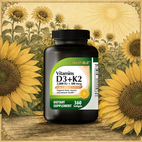 Gélules de Vitamine D3 + K2 sur fond blanc