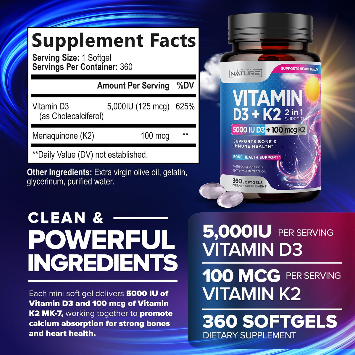 Gélules de Vitamine D3 K2 sur fond blanc