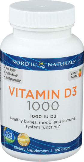 Gélules de Vitamine D3 Nordic Naturals sur une table en bois