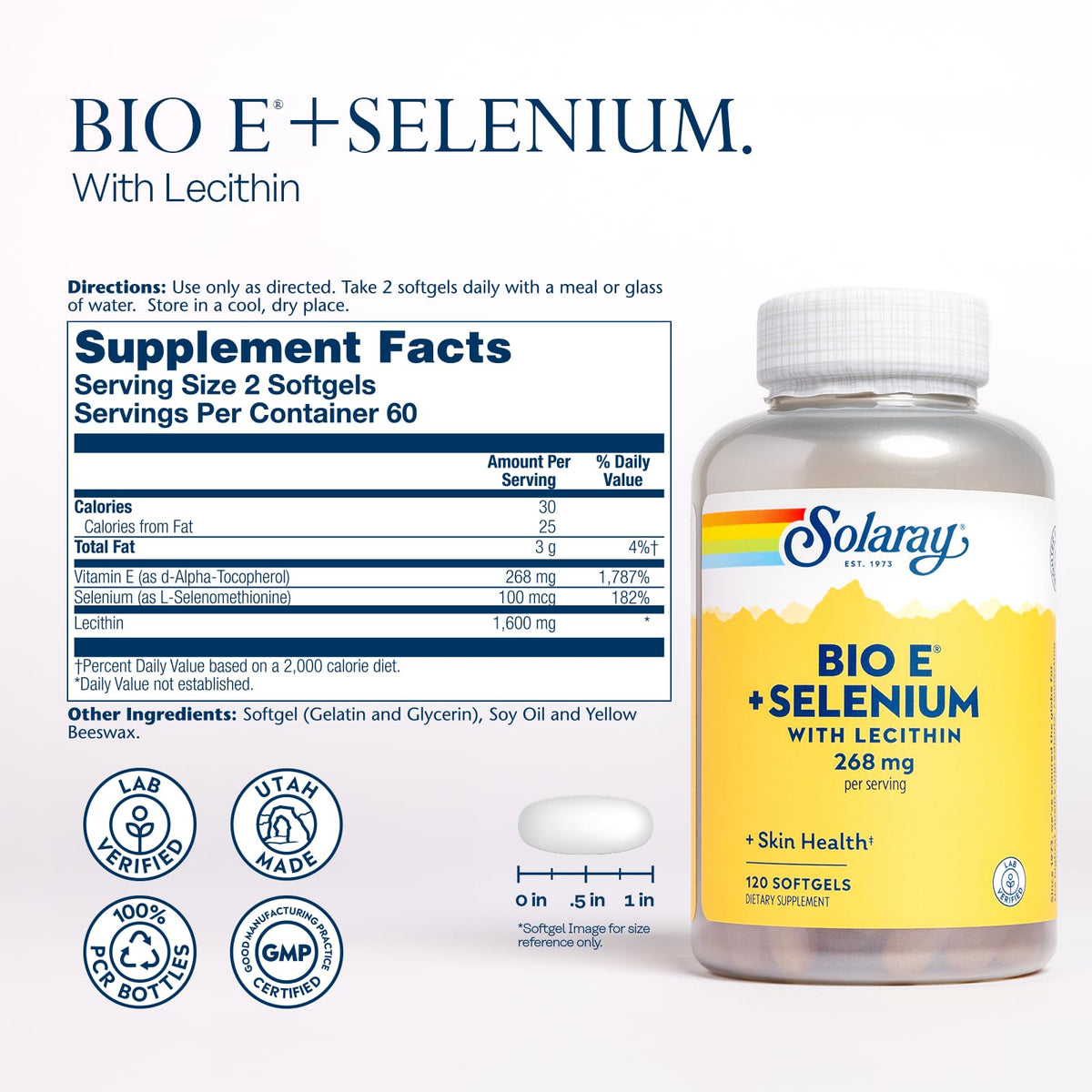 Gélules de Vitamine E 400 IU de SOLARAY sur fond blanc