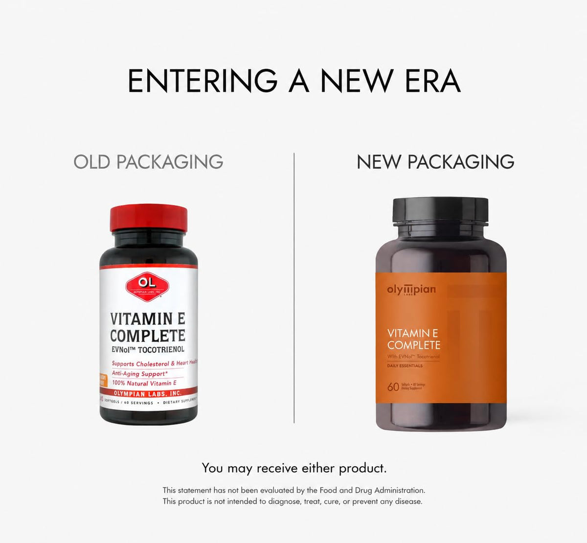 Gélules de Vitamine E Complète Olympian Labs sur une surface blanche